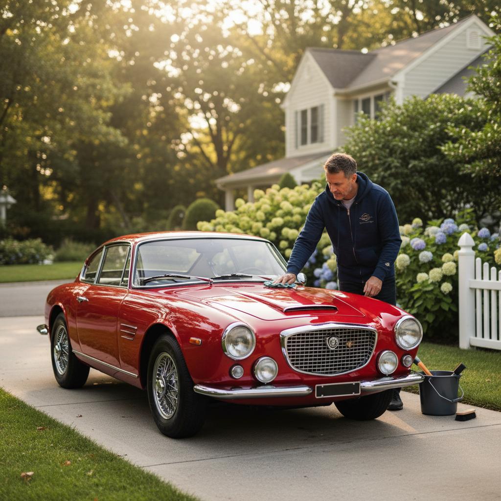 Man washing his classic car in a hoodie by Vintage Wheels Collective